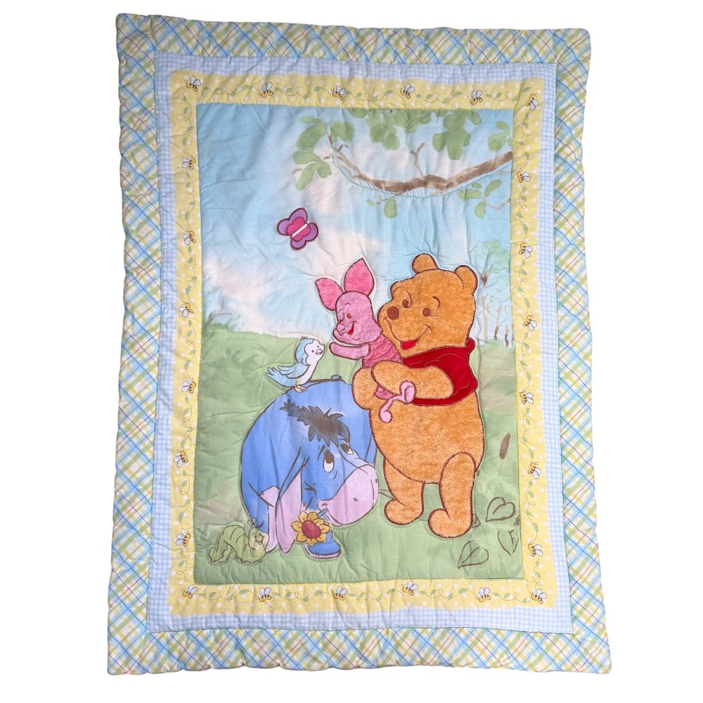 Vtg Disney Winnie the Pooh Crib Comforter Quilt 3D Plush Applique Piglet Eeyore